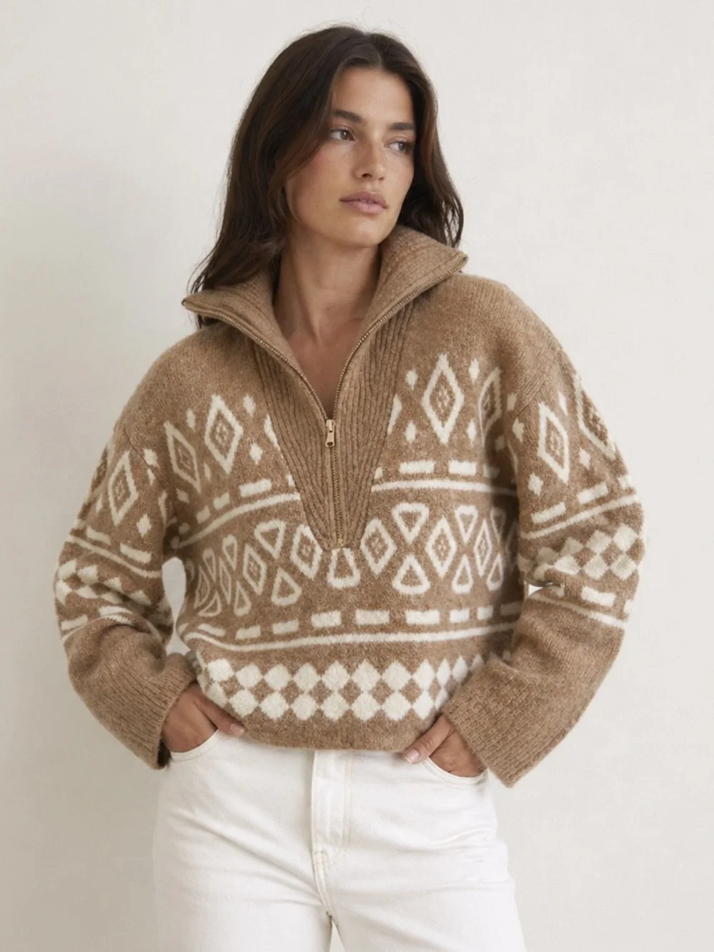 J.Crew Geometric Fair Isle Half-Zip Alpaca Sweater, tan size XS